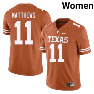 Samari Matthews Orange College Football Womens University of Texas Longhorns Player #11 Jersey 414535-564